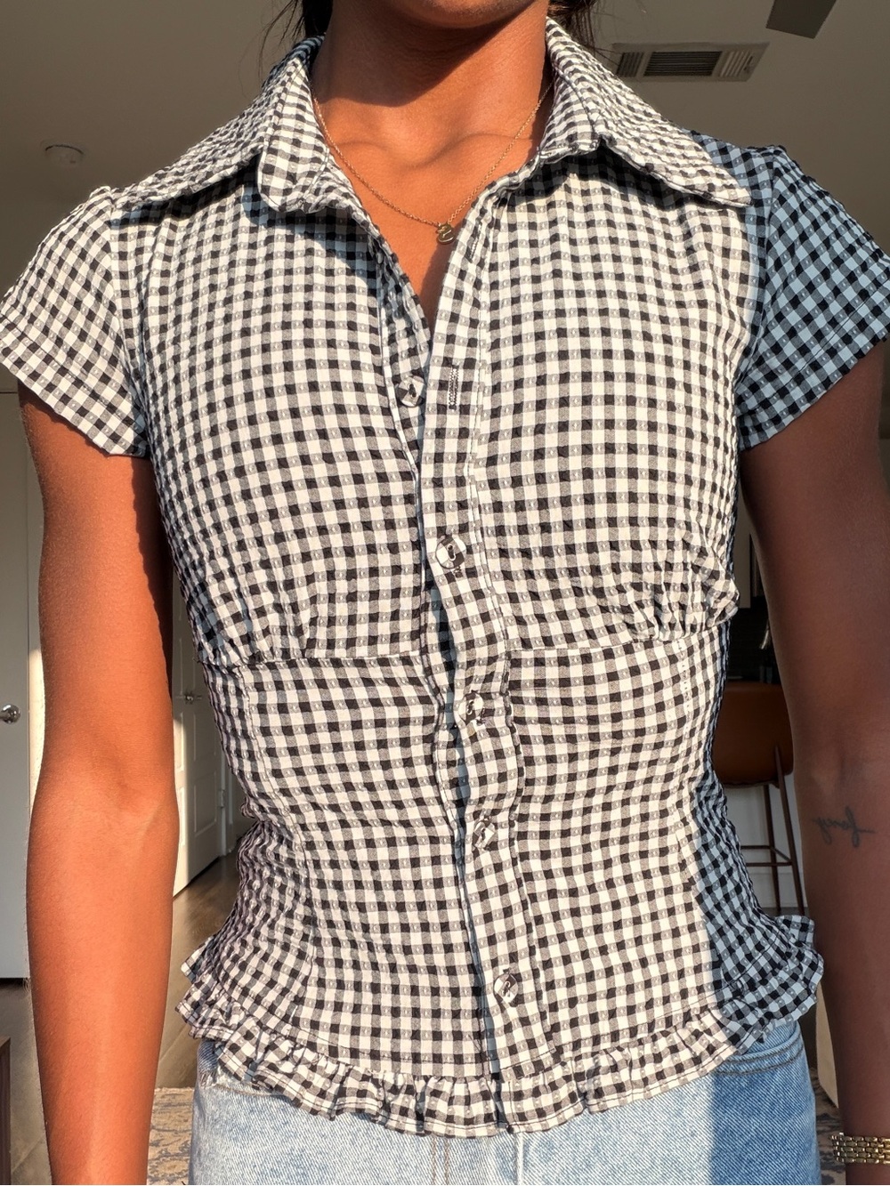 Princess Polly Black & White Gingham Button-Front Cap Sleeve Top